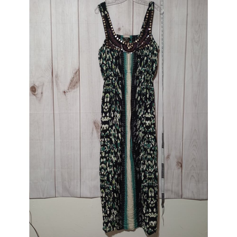 Angie Womens Plus 1X Maxi Dress Green Black Beaded Sequin Bib Empire Waist Rayon